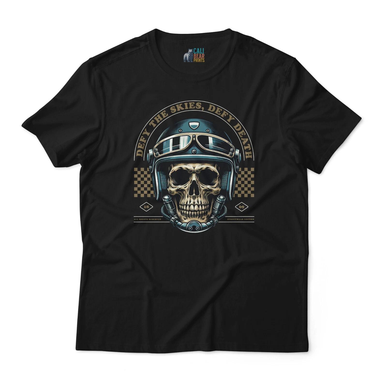 Vintage Skeleton Pilot T shirt “Defy the Skies, Defy Death” Graphic Tee 4XL