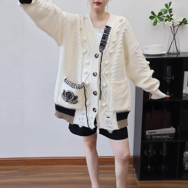 Medium and Long Ripped Design Knitted Cardigan Autumn and Winter New Loose Lazy Wind Sweater Jacket Women