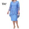 Lady Evening Dress O-neck High-Waist Plus Size Midi Embroidery Lace 3/4 Sleeve Female Clothing
