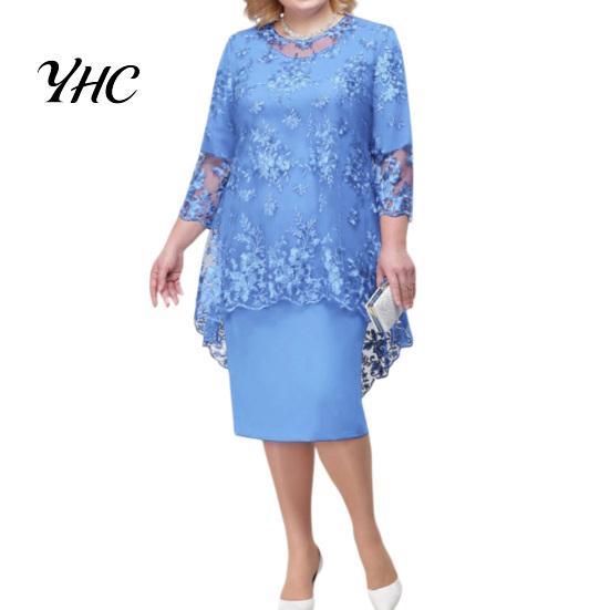 Lady Evening Dress O-neck High-Waist Plus Size Midi Embroidery Lace 3/4 Sleeve Female Clothing