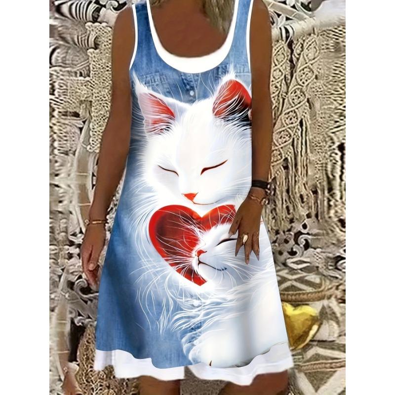 Plus Size Women'S Cat Print Sleeveless Dress Printed Casual Daily Wear Summer Dress Suitable For Summer