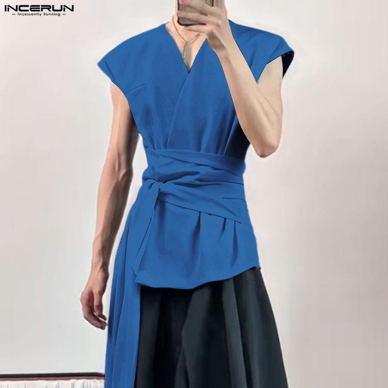INCERUN Men Sleeveless Lapel Button Up Belt Ruffled Loose Casual Long Waistcoats