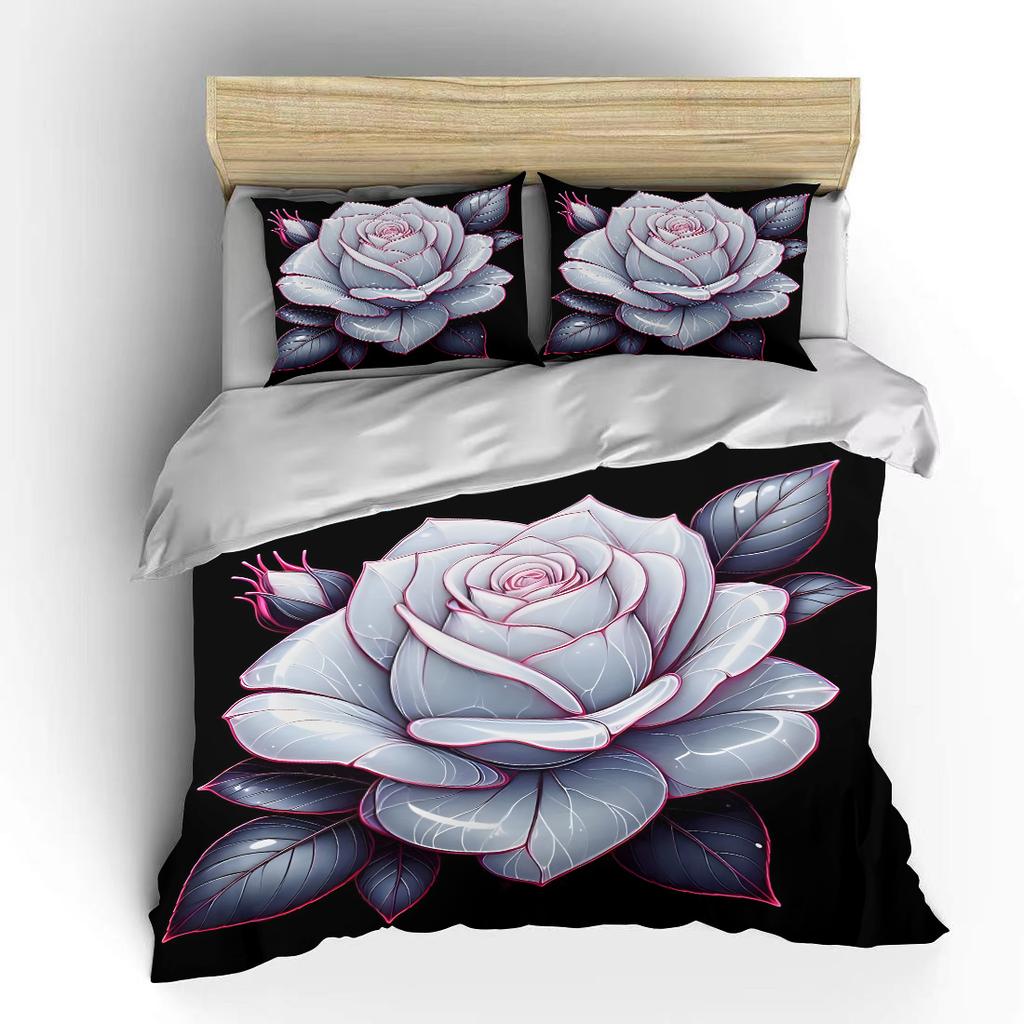 3Pcs Glossy White Rose Flower Print Bedding Set 1 Duvet Cover 2 Pillowcases For Adult And Children Luxury Gift Full Size