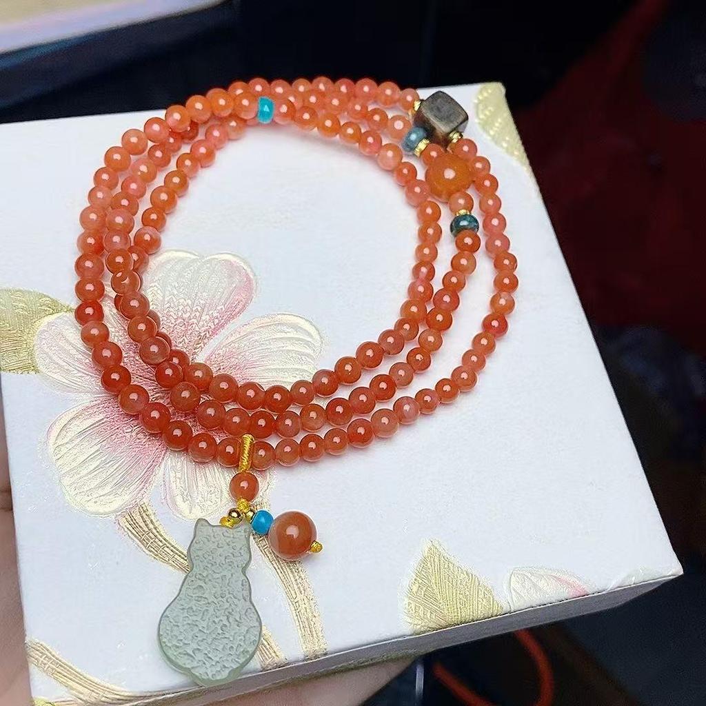 Women's Natural Red Agate Three-Circle Bracelet with Hetian Jade - New Chinese Style