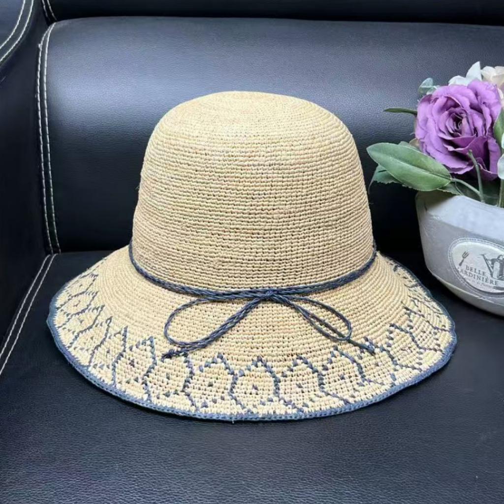 Handmade Hook Raffia Hat Women's Summer Visor Hat Beach Hat Sun Hat Travel Foldable Basin Hat Bucket Hat