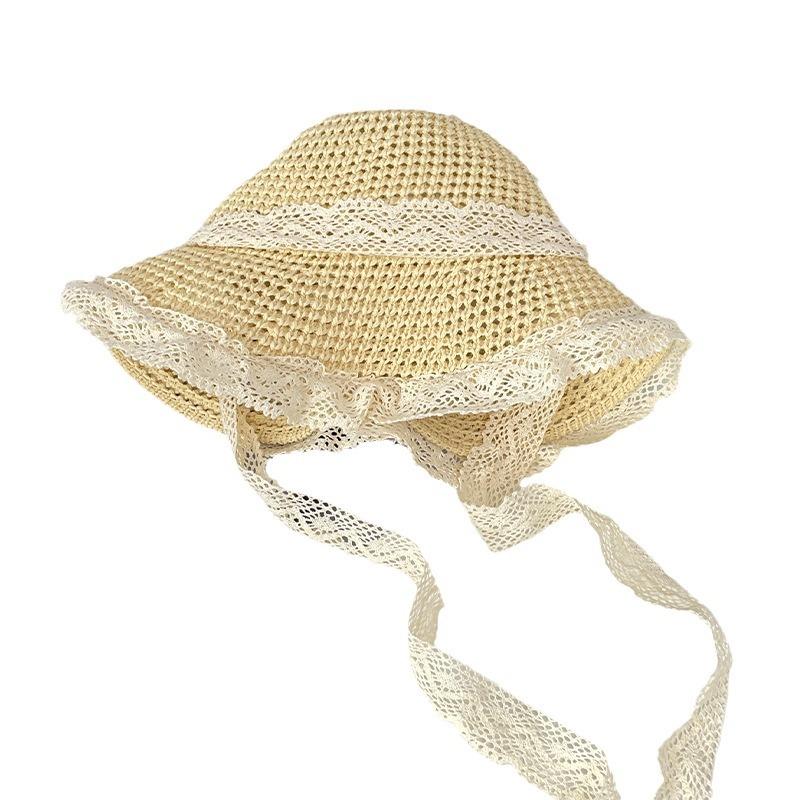 Women's Summer Beach Photo-Ready Straw Lace Hat Vacation Style Fisherman Hat Beach Wide Brim Sun Protection Hat Straw Material with Lace Details