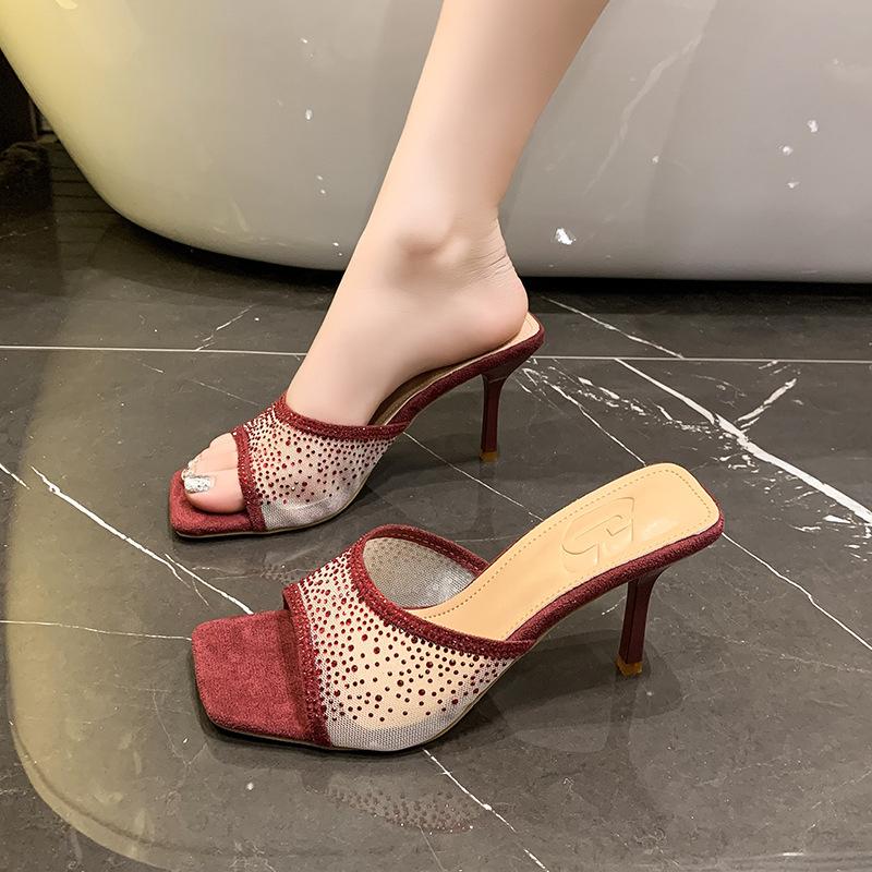 

Foreign trade large size high heel sandals thin heel square head crystal drill not tired feet open toe fish mouth breathable simple sandals 35 бордовый