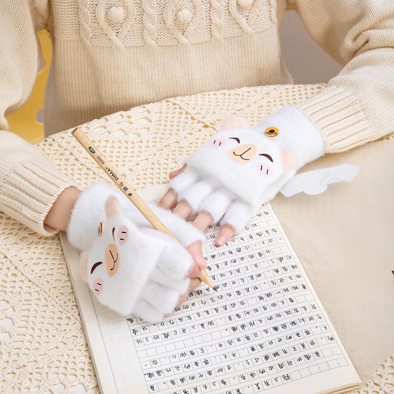 1 Pair Kids Flip Mittens with Finger Caps Winter Warm Gloves with Cartoon Print Breathable Five-Finger Design for Boys Girls
