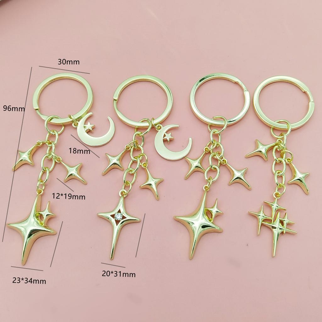 Elegant Cutout Four Pointed Star and Moon Keychain Pendant Durable Alloy Lightweight for Women Gift Bag Charm Accessory