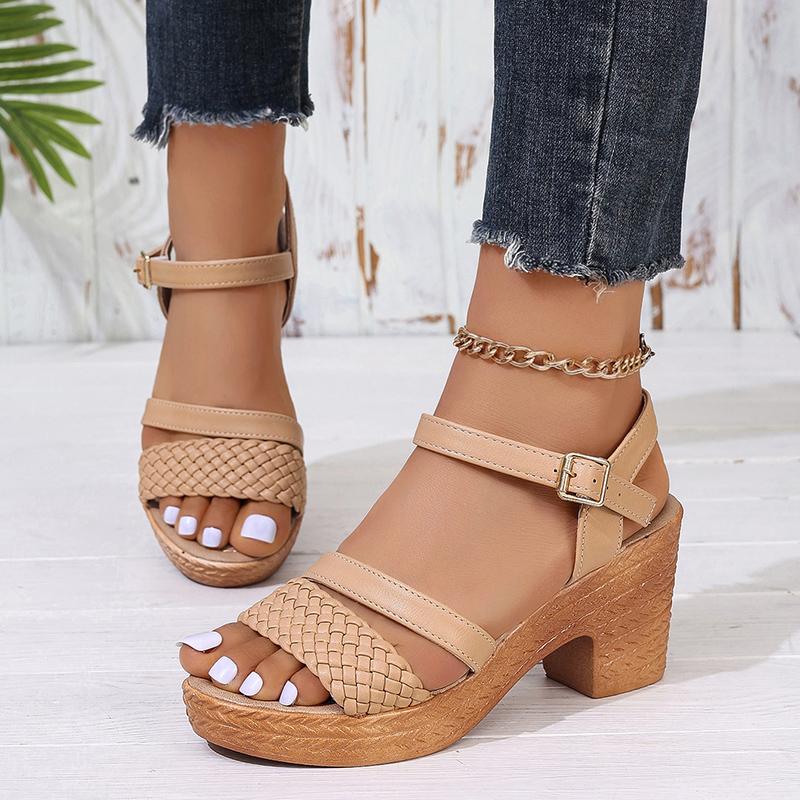 fashion Women's Braided Chunky Heel Sandals Summer 2024 Ankle Strap Platform Gladiator Sandals Woman Roman Weaving High Heeled Sandalias