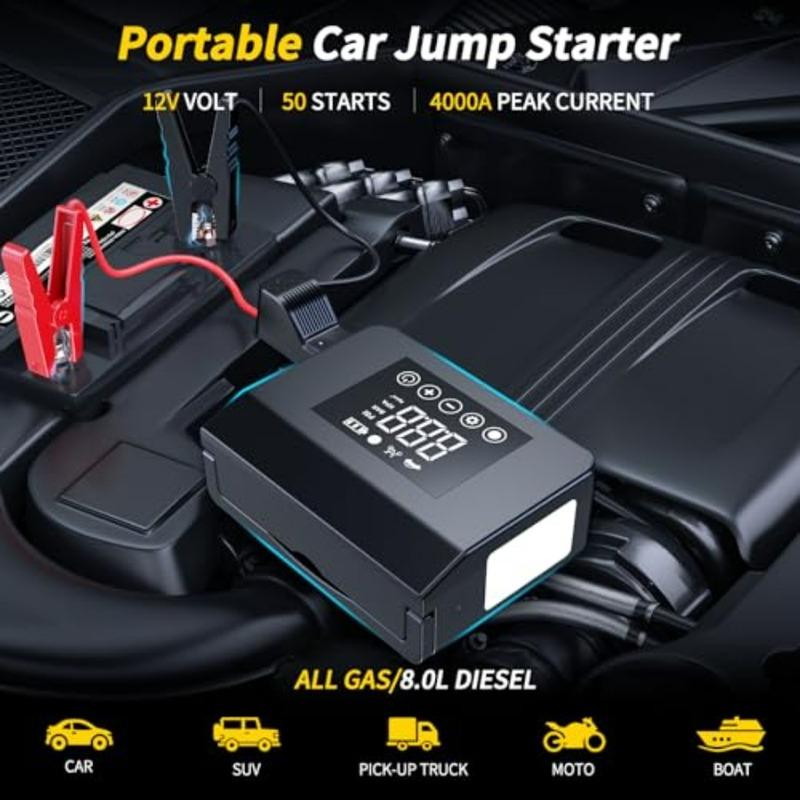 4000A Jump Starter with Air Compressor 150PSI 12V Smart Portable Car Jump Starter All Gas 8.0L Diesel 15000mAh Power Bank Jumpe