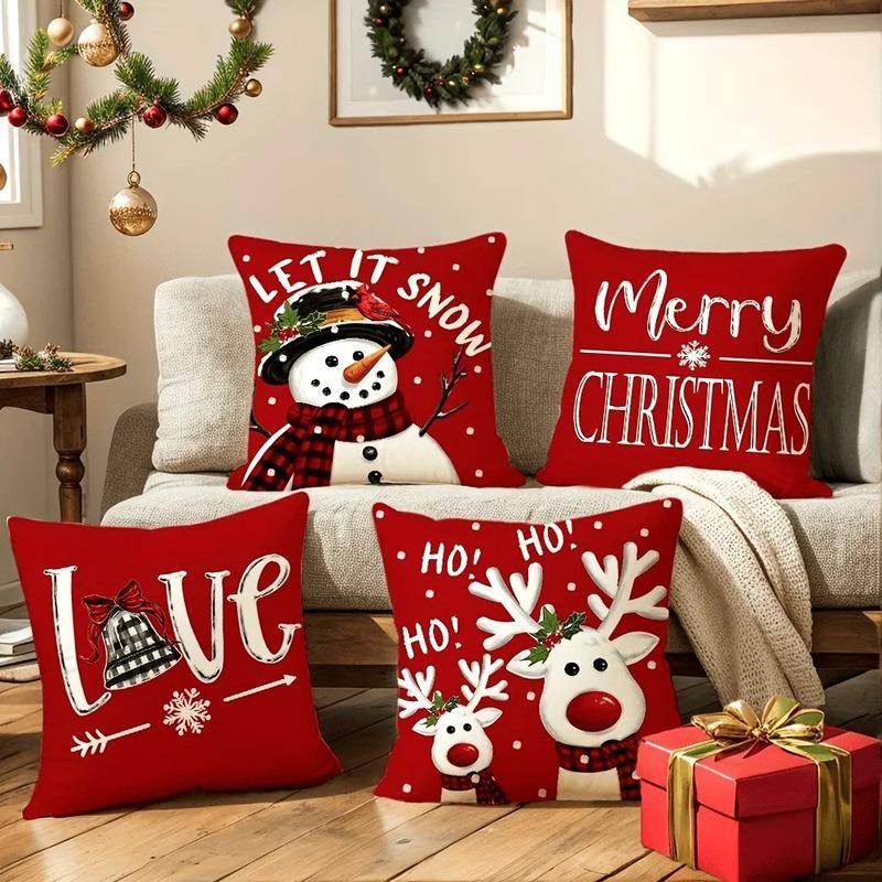 New Red Christmas Pillow Cover 45x45cm - Snowman & Deer Printed Holiday Cushion Case, Festive Xmas Decor for Living Room Sofa