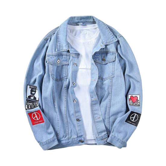 Long Sleeves Pockets Single-breasted Denim Coat Spring Autumn Letter Print Turn-down Collar Unisex