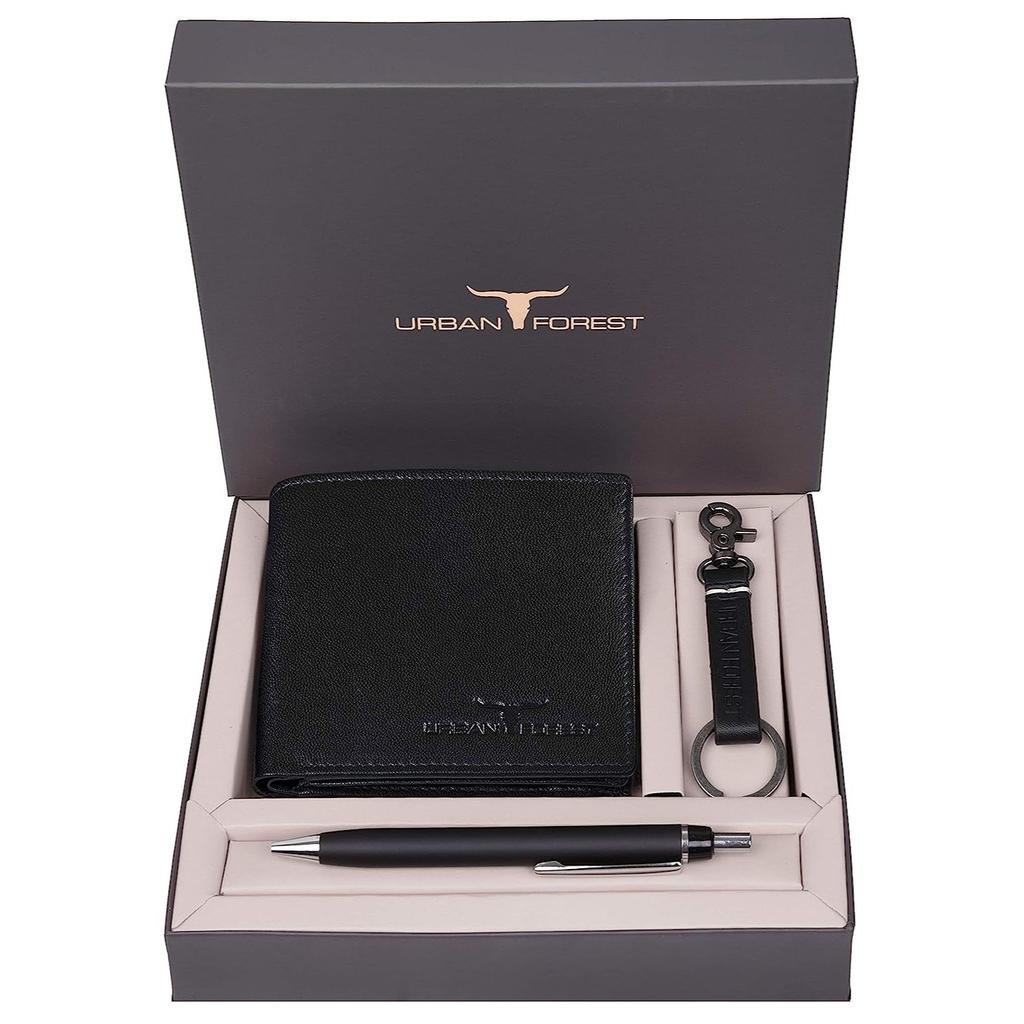 URBAN FOREST James Leather Wallet Combo for Men - Classic Blue Men's Leather Wallet, Keyring & Pen Combo Gift Set for Men