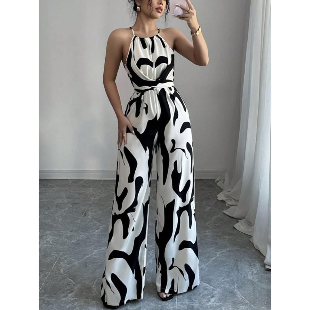 Women's Halter Neck Sleeveless Printed High Waist Wide Leg Jumpsuit Casual Summer Romper