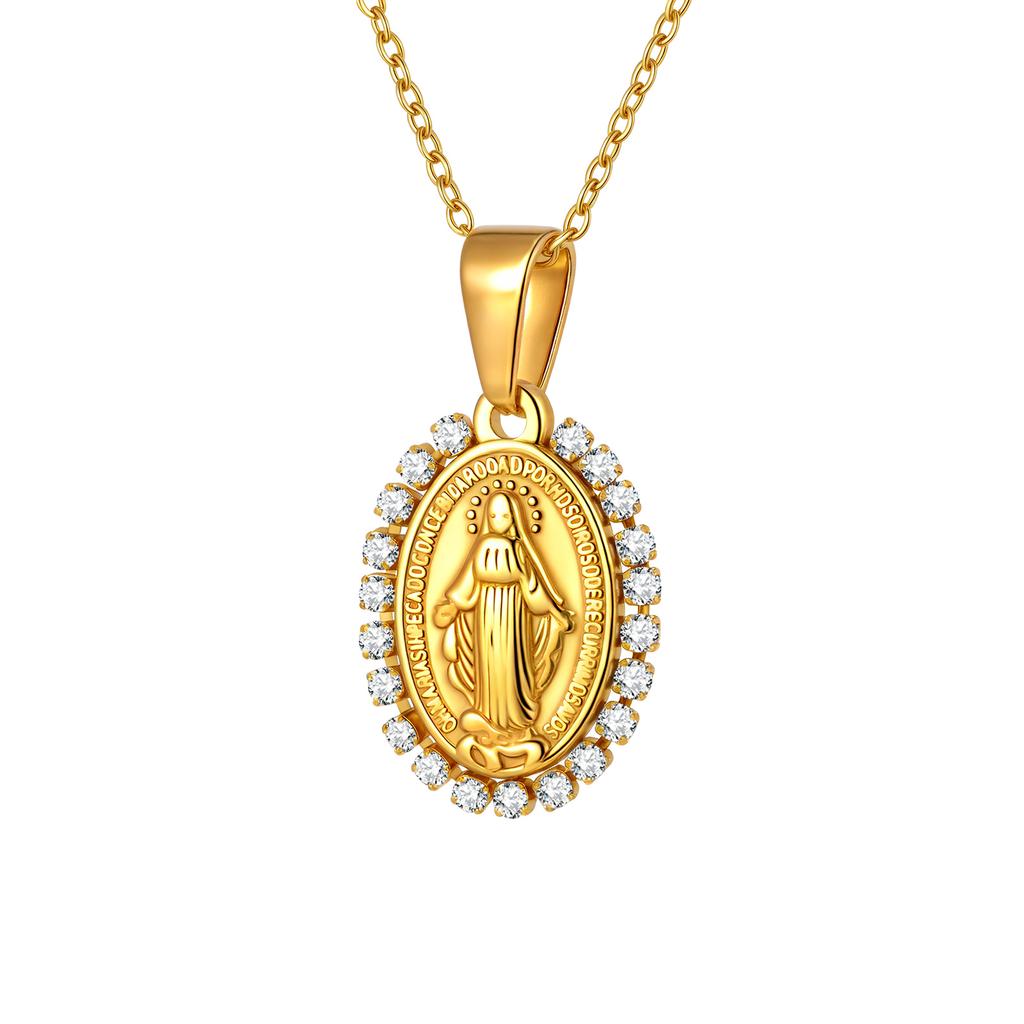 Zirconia Oval Virgin Mary Necklace for Women, Miraculous Medal Virgen De Pendant Catholic Gift