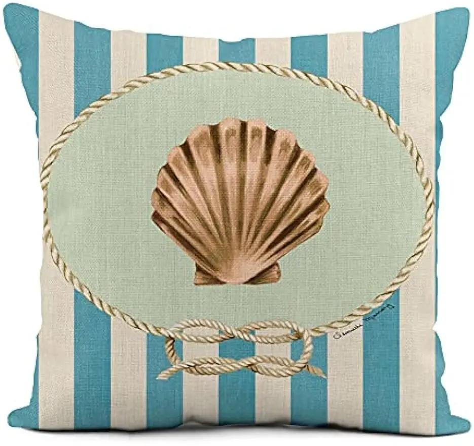 Linen Throw Pillowcase Lighthouse Sailing Sea Shell Home Dcor Pillowcase Square Cushion Cover Sofa Cushion Cover 45X45