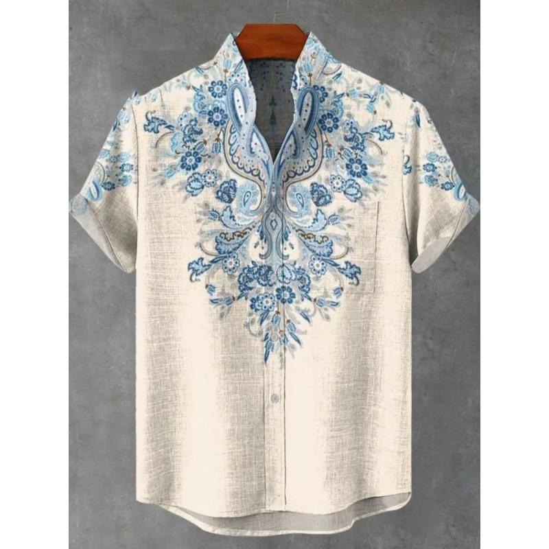 Summer Men s Printed Short Sleeve Shirt Vintage Linen Shirt Men s Festival Casual Short Sleeve Top Street Trend Fast Delivery 4XL