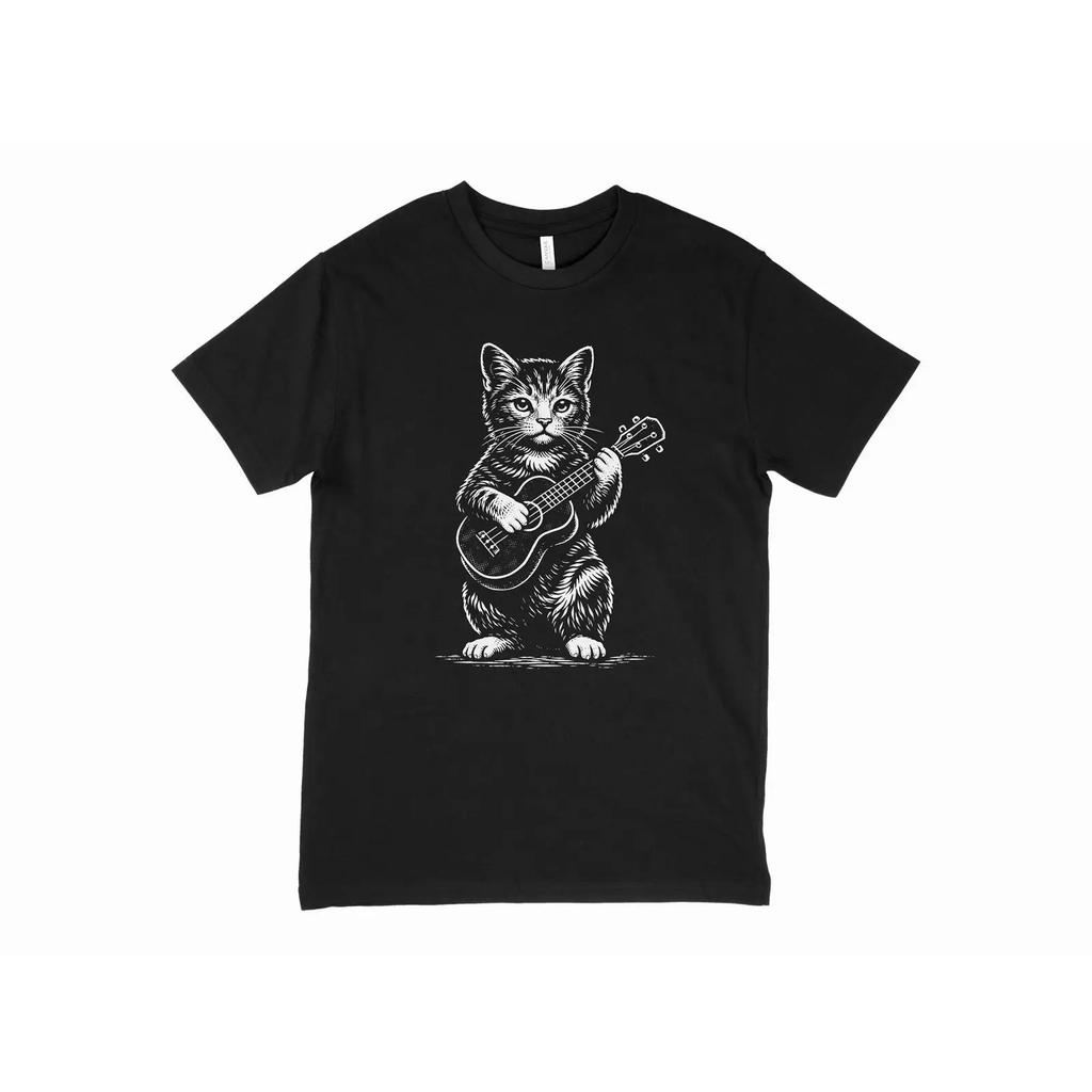 Cat Playing Guitar T Shirt Funny Musician Woodcut Art Vintage Slightly Graphic Versatile Stretched Top For Everyday Wear