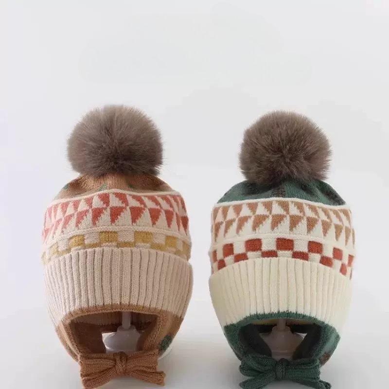 Ear Protection Baby Beanie Caps with Earflaps Soft Warm Pom Pom Winter Warm Knitted Hat for Infant Toddler Kids Boys Girls