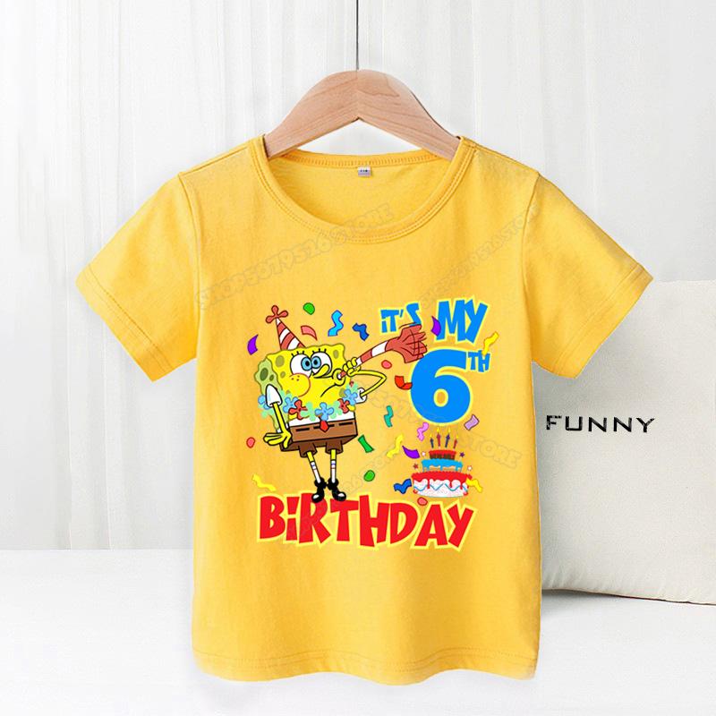 SpongeBobs Children Birthday Clothes Boy Girl Number Cotton T Shirt Short Sleeve Kids Clothes Cartoon Summer Toddler Tee Tops