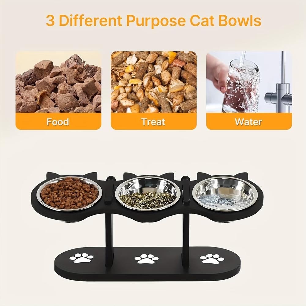 Elevated Black Cat Ear 3 Bowl Cat Feeder Solid Wood Frame and Stainless Steel Bowls Pet Feeding Rack for Indoor Multiple Cats