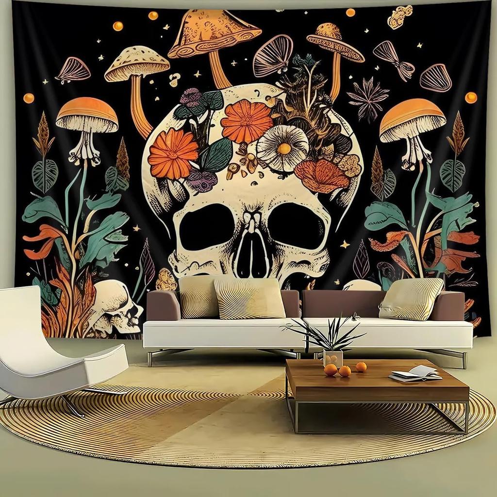 Cartoon Skull Floral Tapestry, Mushroom Leaves Skeleton Goth Garden Aesthetic Tapestries For Bedroom Game Room College