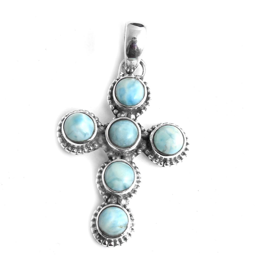 Larimar Gemstone Cross Pendant, Handmade Designer Pendant, Solid 925 Sterling Silver Pendant, Birthstone Gift