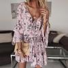 Fashion Women's Casual V-Neck Printed Long Sleeve High Waist Printed Dress
