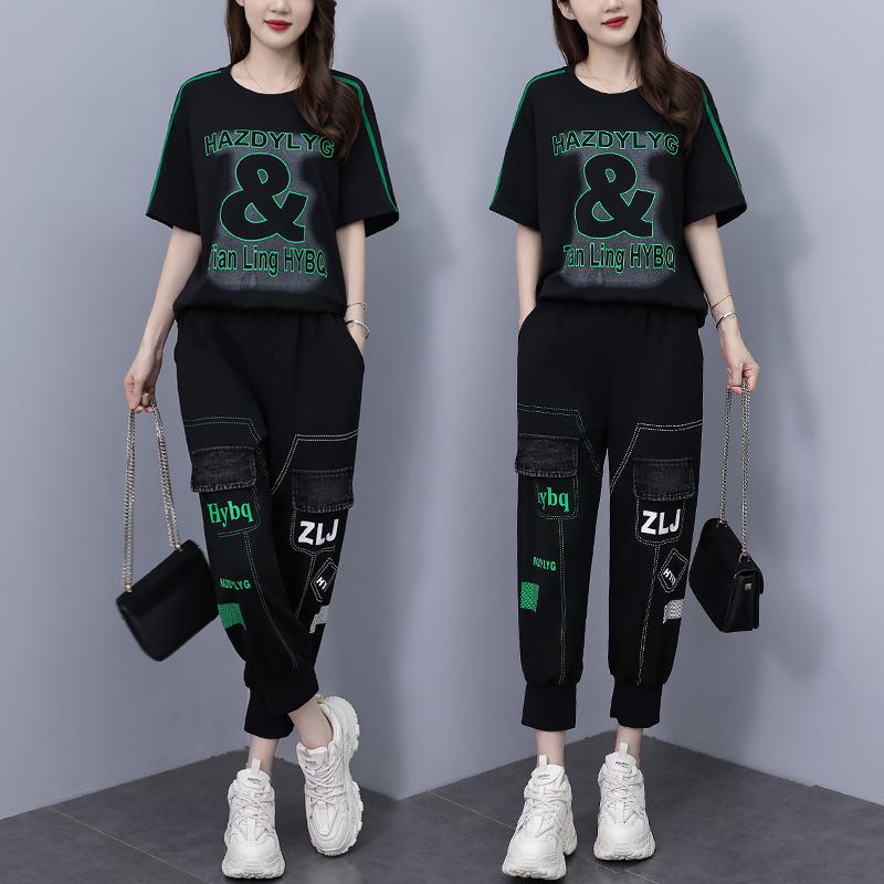 Plus Size Women's Summer Fashion Suit Stitching Denim Short-sleeved Printing Loose Korean Version   Women's Clothing