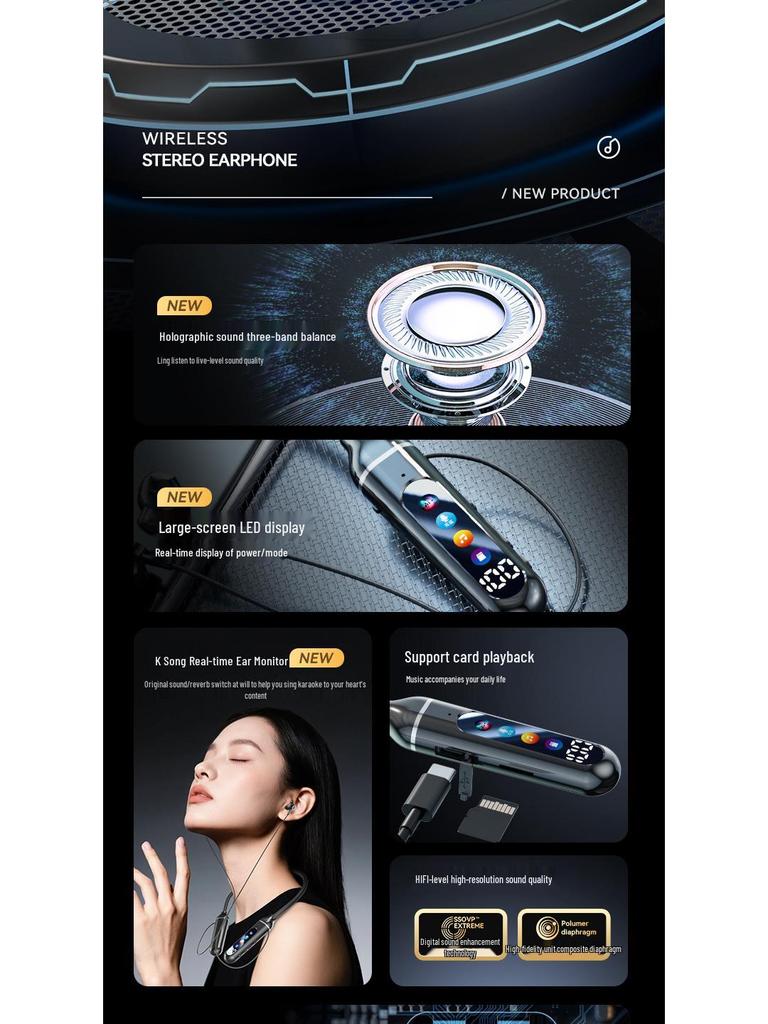 2025 Bluetooth Sports Neckband Earphones with AI, Ultra-Long Battery, High Sound Quality, Large Mirror.