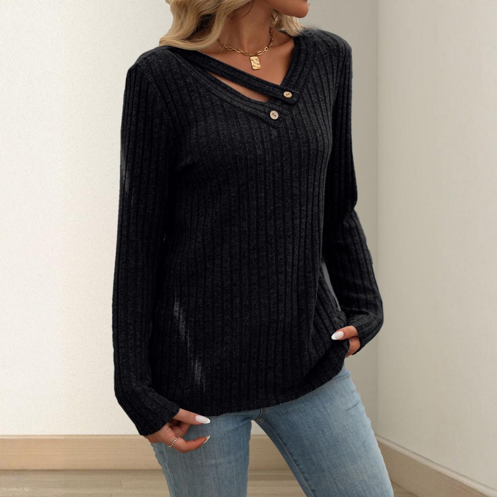 

Women s Fashionable Solid Color V Neck Button Long Sleeved Loose Pullover T-shirt Top L чёрный