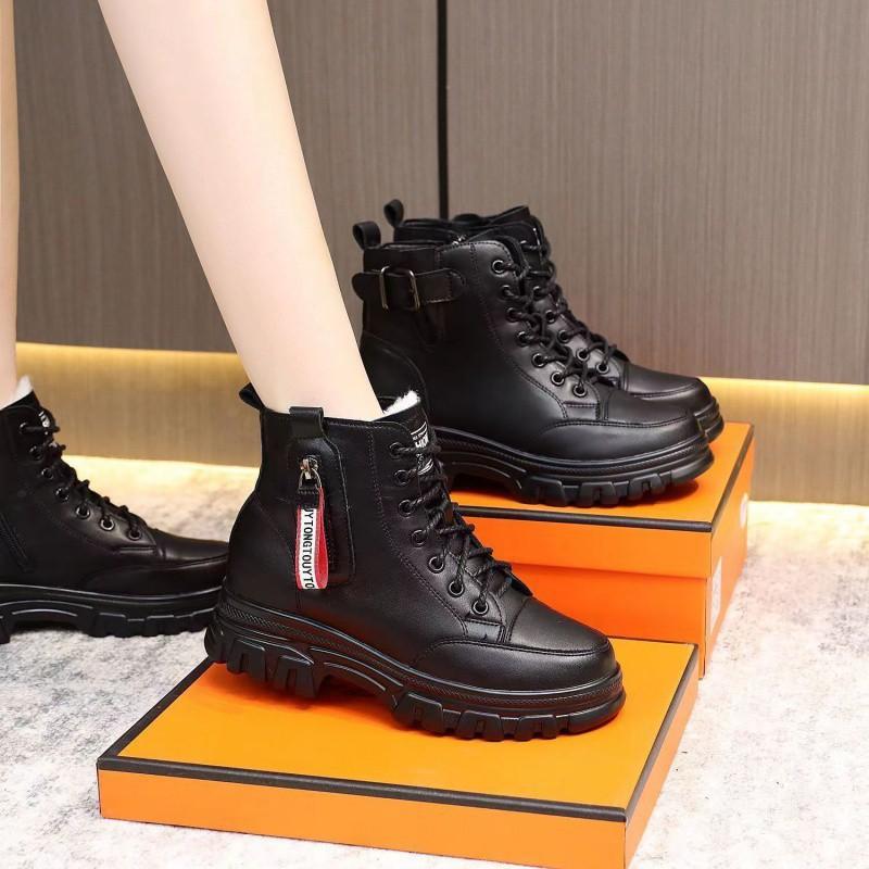 Thick-soled Martin Boots Women's Spring and Autumn Height Increase Real Soft Leather Short Boots Winter Velvet Cotton Shoes Leather Snow Boots