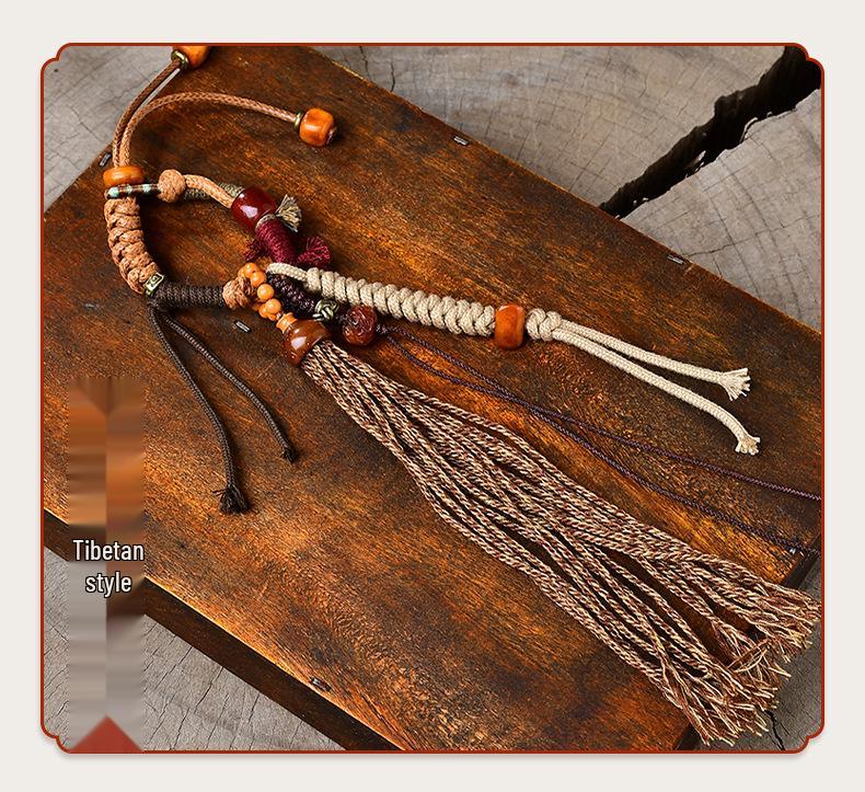 Woven Tibetan Glaze & Gold Sandalwood Beads with Bull Rope Support