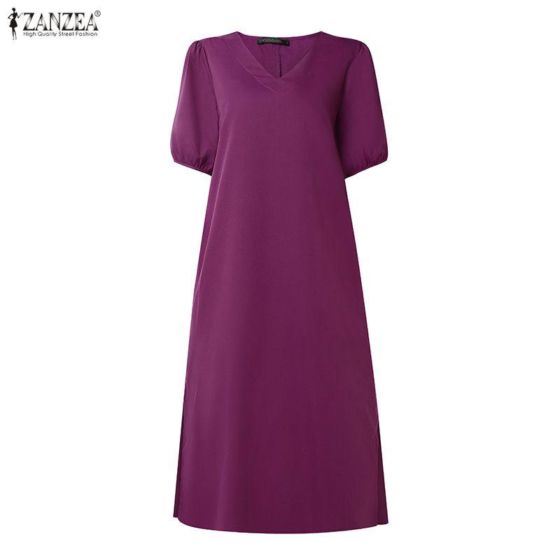 ZANZEA Women Casual V-Neck Solid Color Loose Half Sleeve Dress