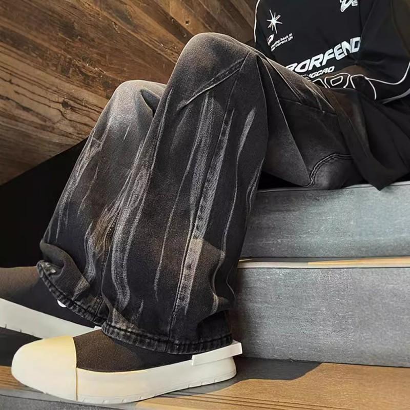Mens Vintage Baggy Straight Jeans Washed Gradient Casual Denim Pants Teens