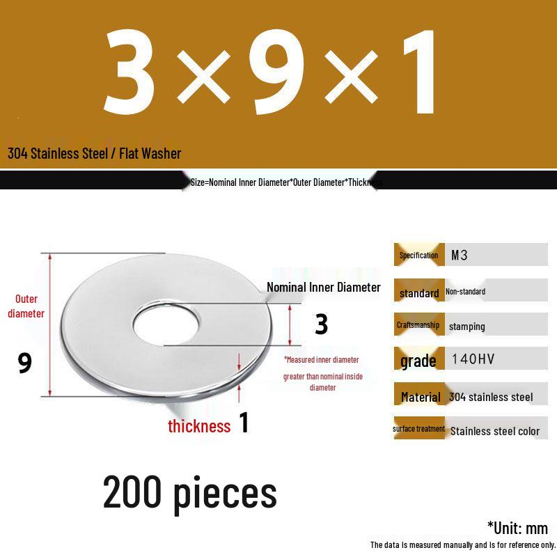 304 Stainless Steel Thickened Flat Washer Set, Sizes 2-36