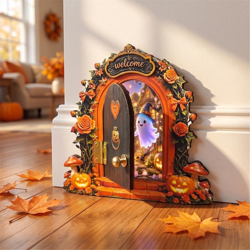 Wooden Indoor Halloween Arched Door Plaque Two Layer Sign with Round Adhesive Mounts for Party Entry Accent Use