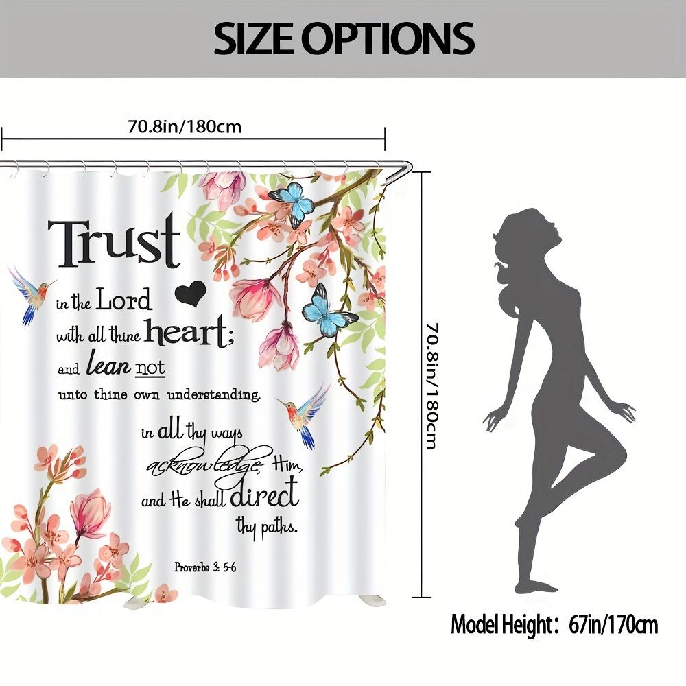 Inspirational Quote Shower Curtain With Hooks - Waterproof Polyester, Floral & Butterfly Design, Pink Flowers & Green Leaves