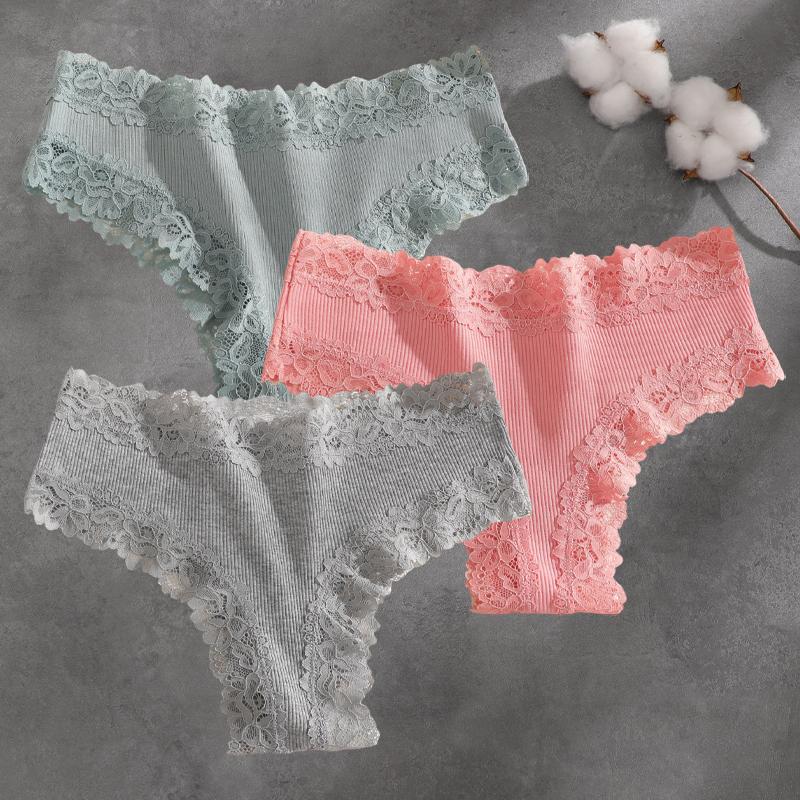 FINETOO 3Pcs Cotton Lace Patchwork Bikini Panties Women Seamless Floral Print Brazilian Pants Low Waist Breathable Female Sexy Lingerie