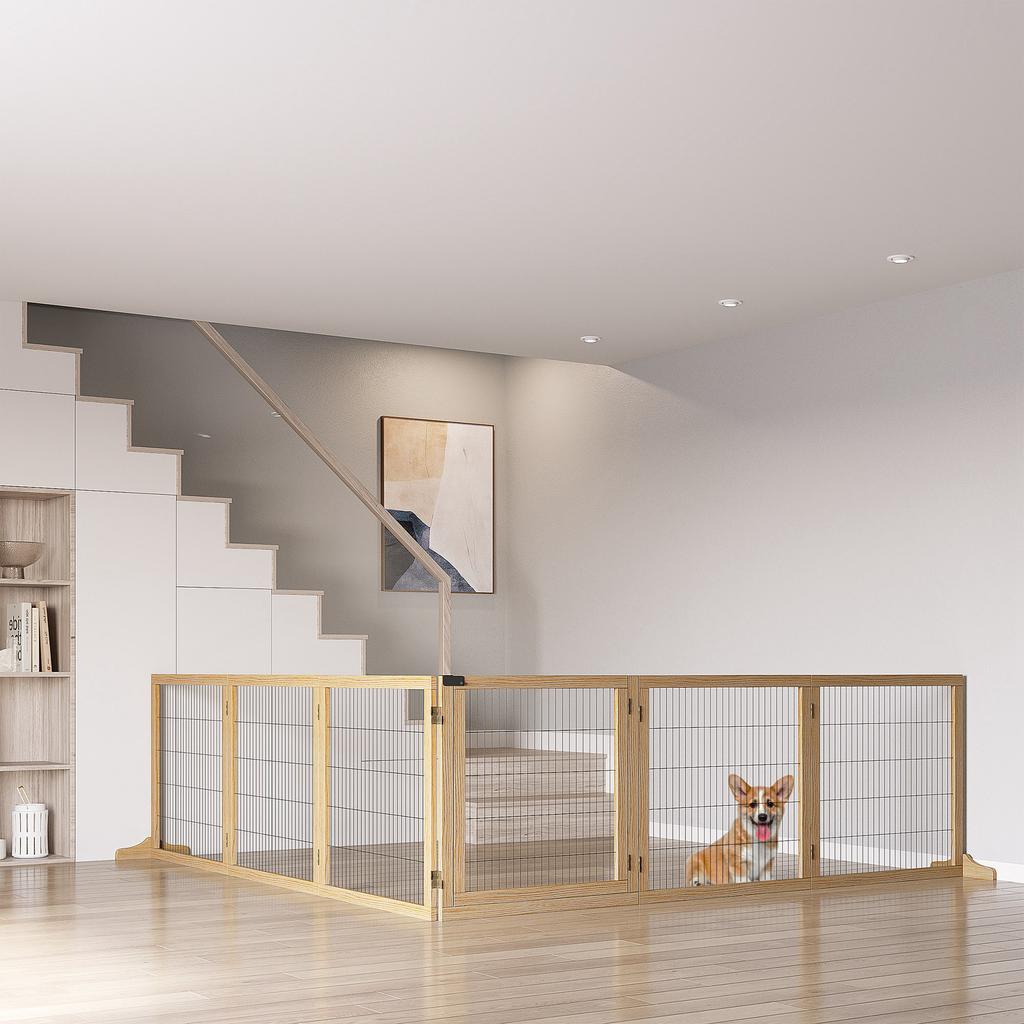 Wooden Pet Gate Freestanding Dog Security Barrier With Two Support Feet Natural Tone