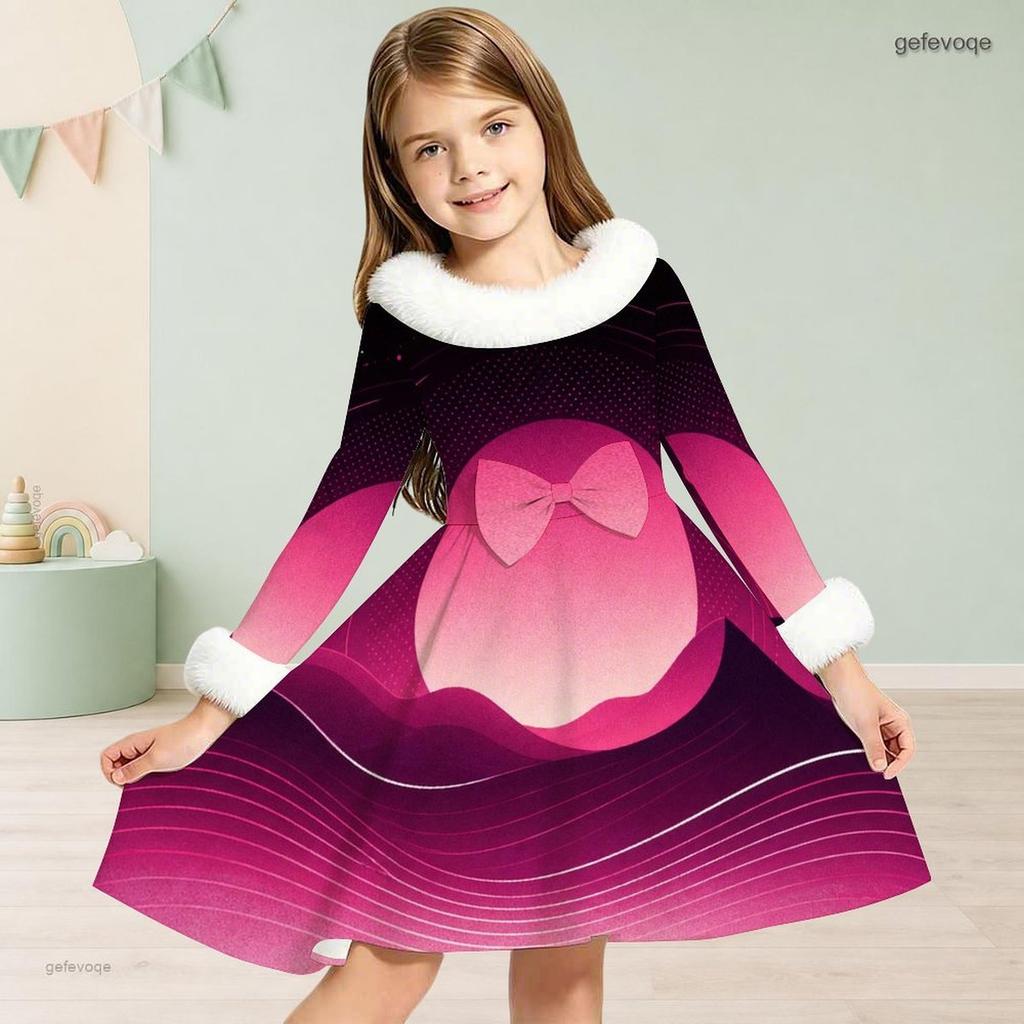 Girls White Fur Collar Long Sleeve Bow Black Gold Printed A Line Flared Dress