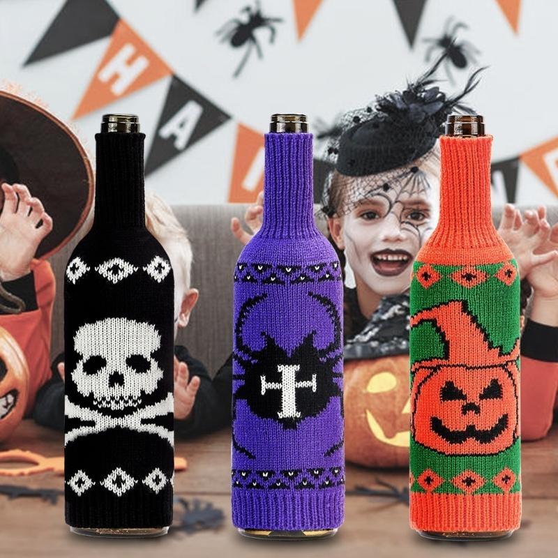 652F Halloween Wine Bottle Cover Pumpkin Skull Spiders Knitting Wine Bags Decoration