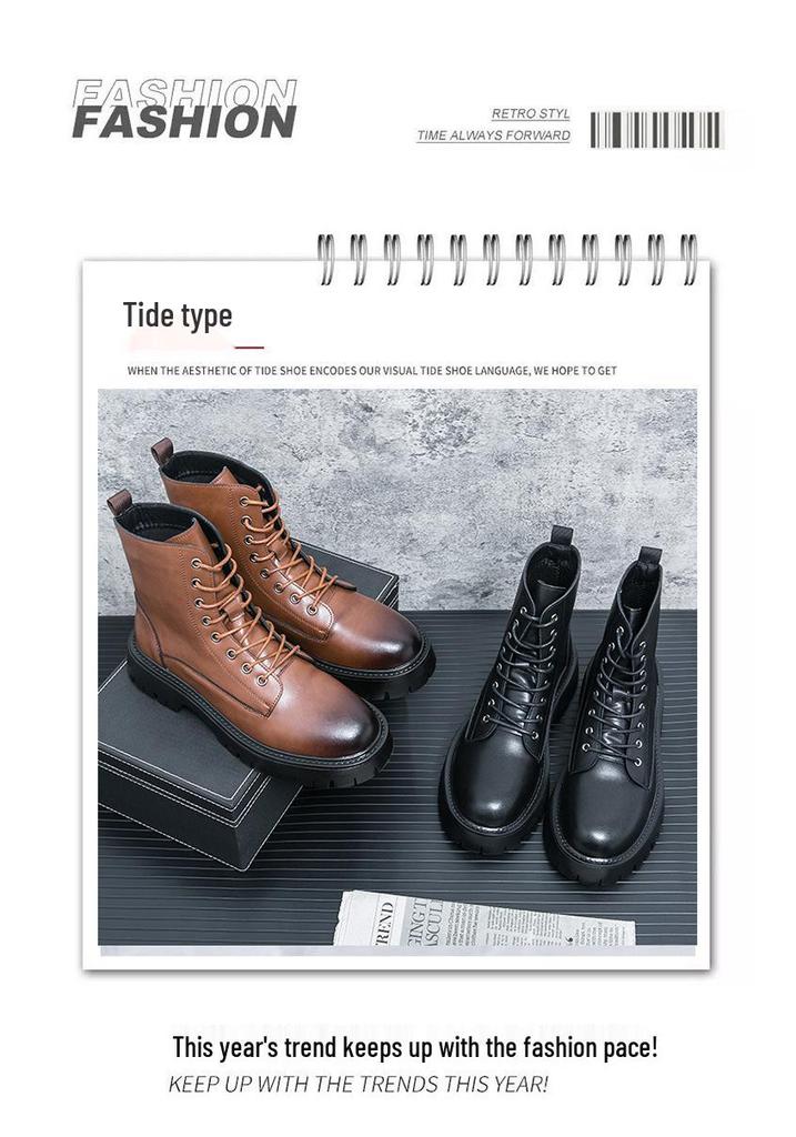 Men's Plus Size Retro High-Top Leather Martin Boots - Thick Sole, Lace-Up, and Wear-Resistant for Height-Increasing Workwear.