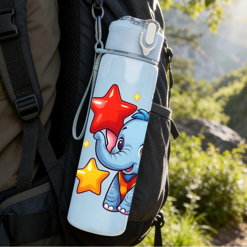 1PC Star Baby Elephant Pattern 750ml Color Plastic Sports Water Bottle Leakproof Flip Straw Lid Suitable for Sports Office Home Use