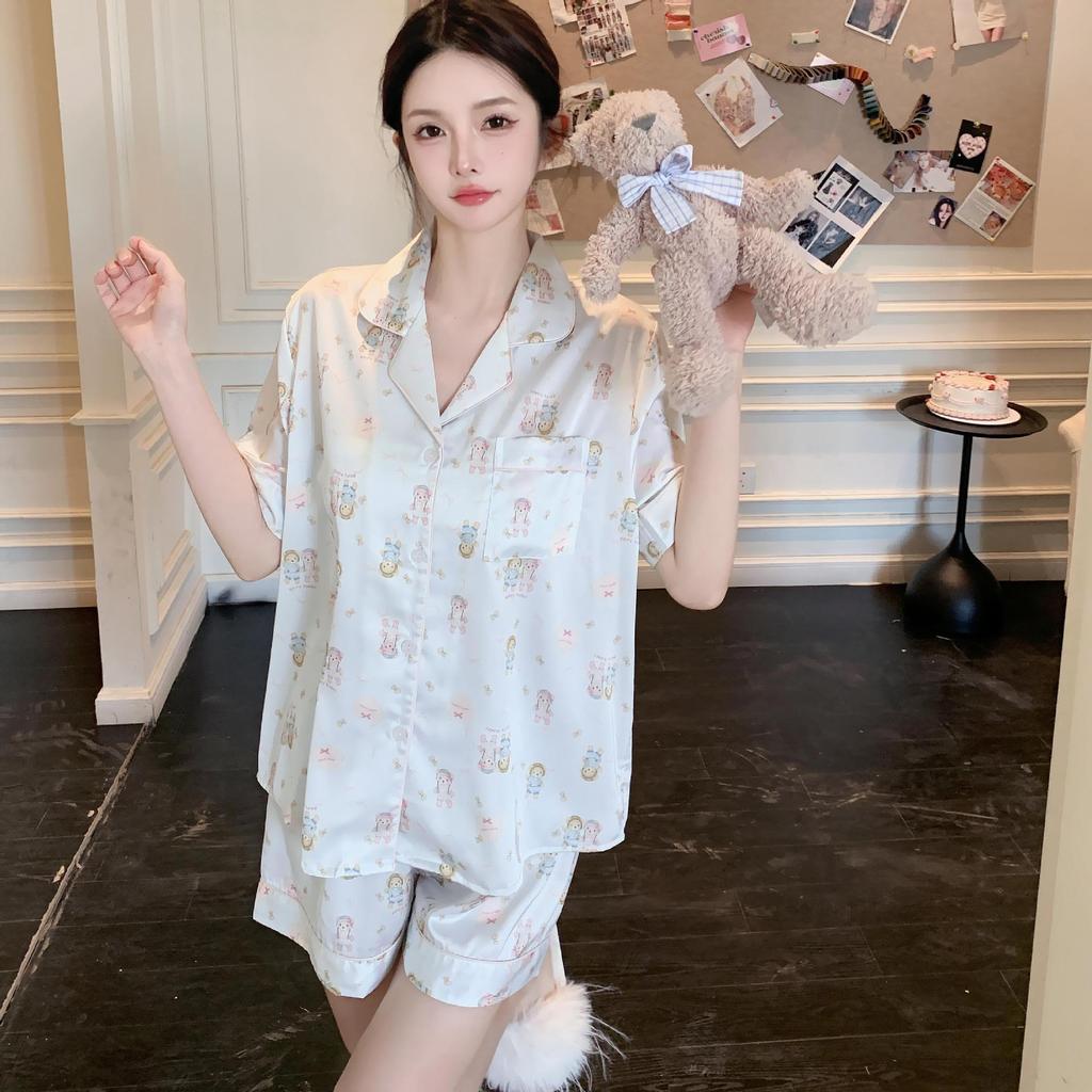 Short-sleeved shorts, summer loungewear set, simulated silk, cool pajamas can be worn outside, simple large-size ice silk pajamas