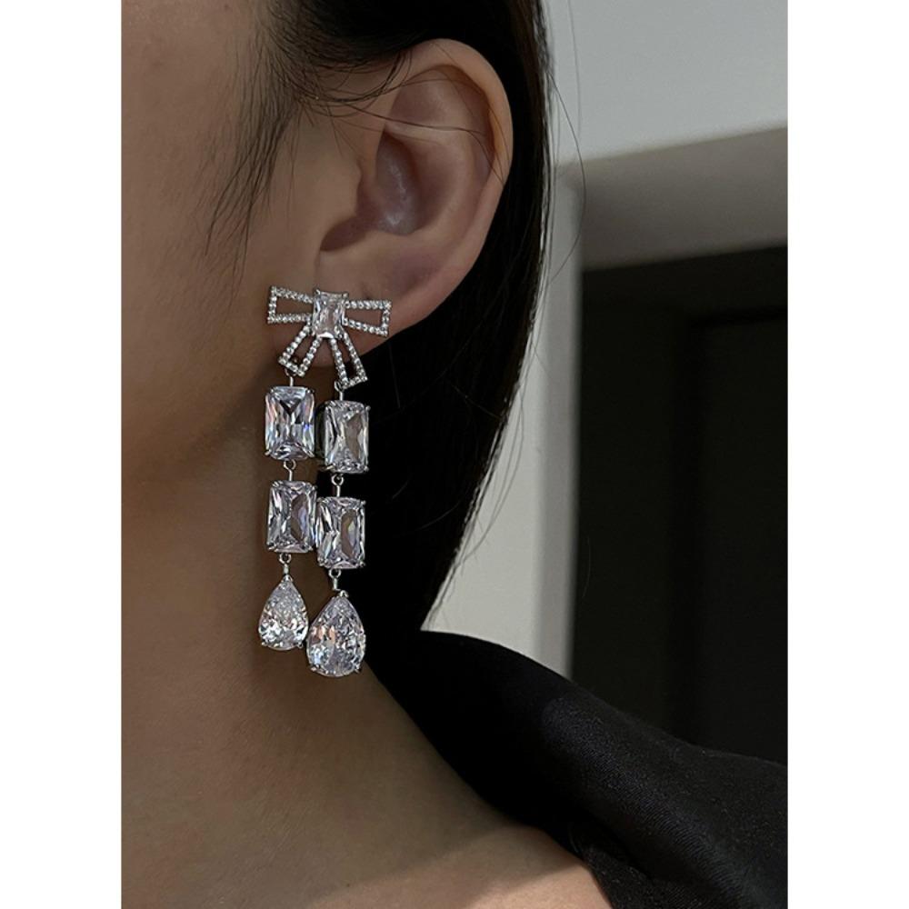 Luxury Commute Bow Drop Zirconia Full Diamond Earrings Long Dangle Earrings for Women
