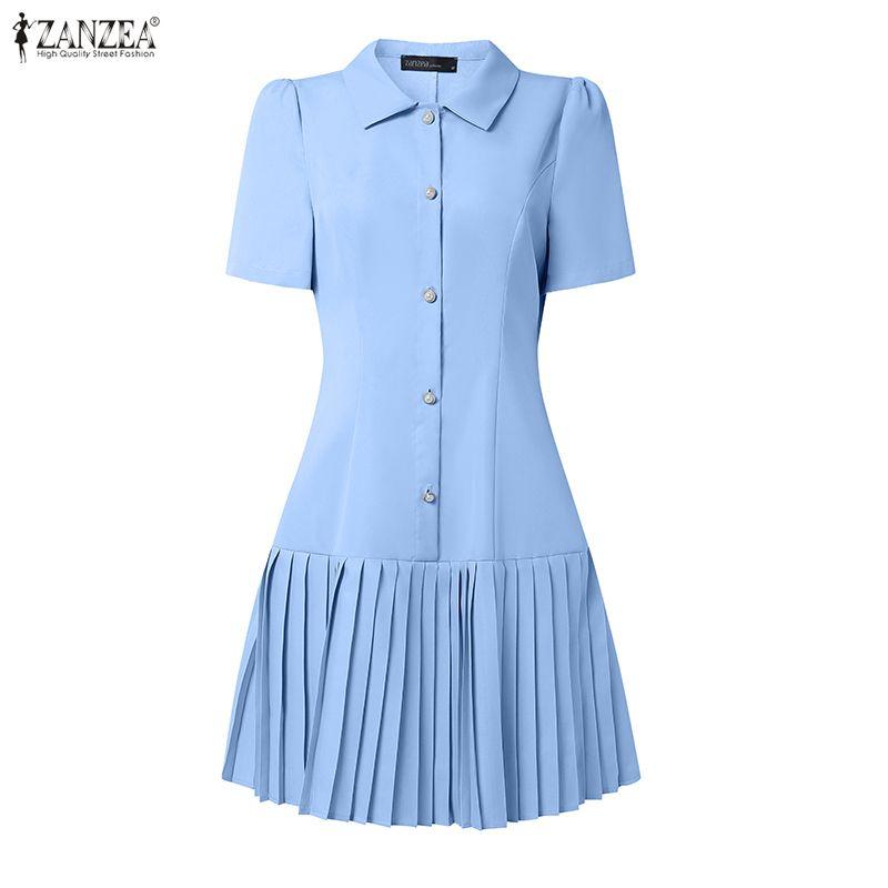 ZANZEA Women Casual Turn Down Collar Short Sleeve Pleated Dress