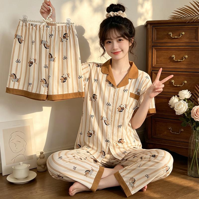 Leopard Print Love Heart Short Sleeve Pajama Set: Women's Summer Cloud Cotton Three-Piece Loungewear