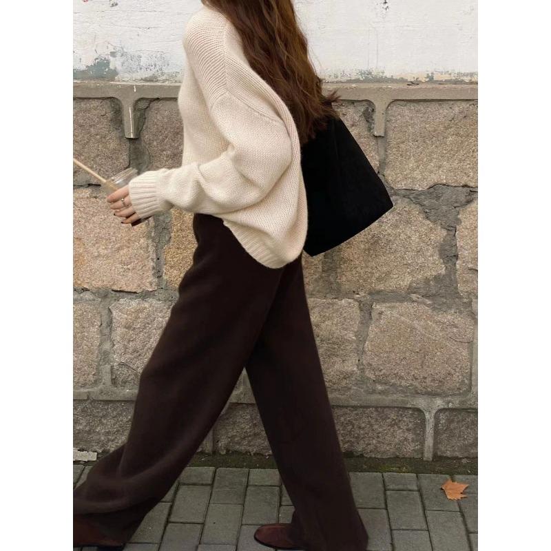 2024 Autumn and Winter Knitted Wide-leg Pants for Women Thickened Fashion Casual Straight Long Pants Solid Color Simple Elegant Trousers 2364